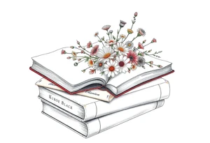 stack of 3 vintage books with various names on the spines top book open with bouquet of different kinds of wild 
flowers coming out of it tattoo idea