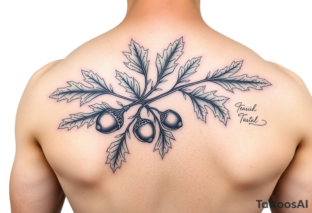 oak branch with thick leaves and acorns tattoo idea