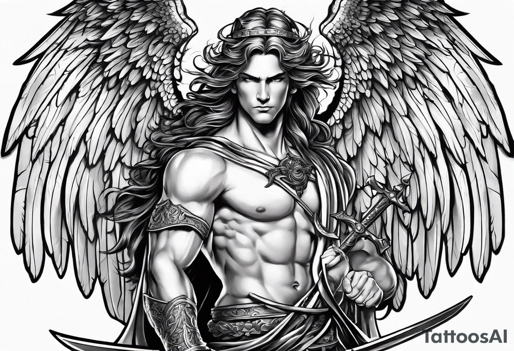 Male American guardian angel with a sword and angel from hell combined together tattoo idea