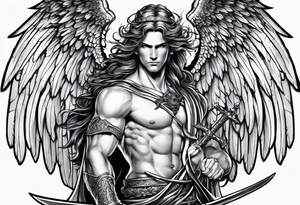 Male American guardian angel with a sword and angel from hell combined together tattoo idea