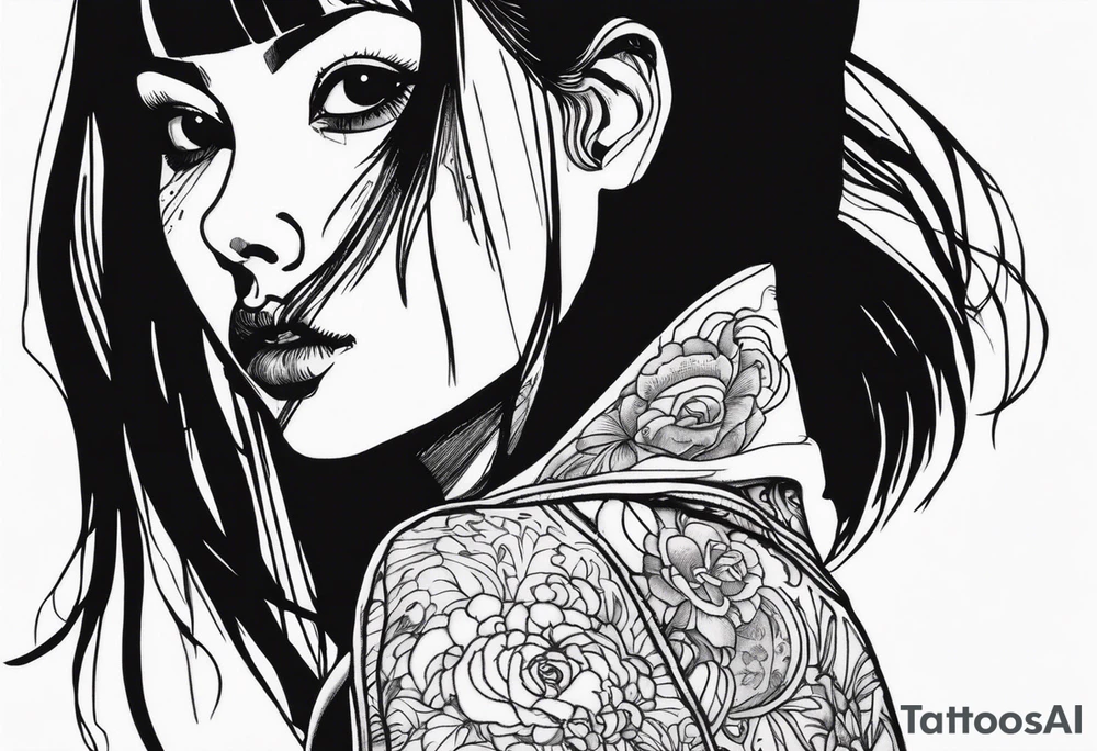 portrait of tomie standing up a character by the horror author junji ito full body standing menacingly.  a mole below her left eye.  add more horror and gore elements tattoo idea