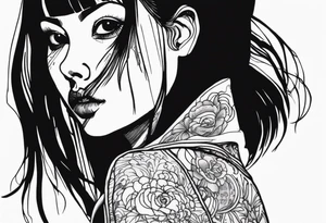 portrait of tomie standing up a character by the horror author junji ito full body standing menacingly.  a mole below her left eye.  add more horror and gore elements tattoo idea