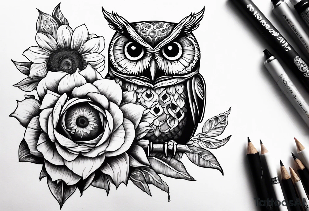 Sunflower, camera, book, owl, flower rose tattoo idea