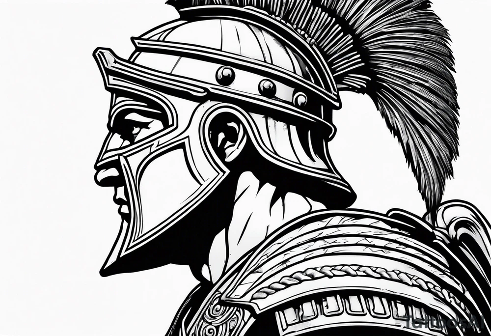 Side profile of spartan soilder looking right at distant Roman colosseum tattoo idea