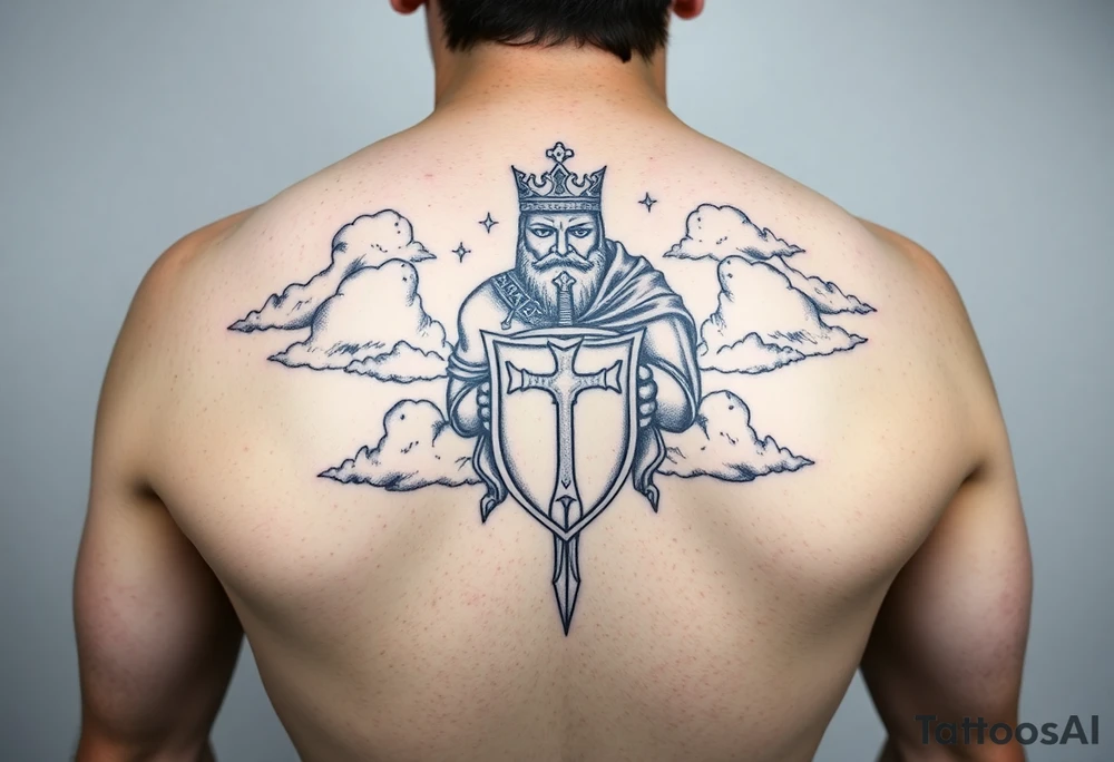 Half sleeve. King Alfred the great, sword, clouds, shield, cross tattoo idea