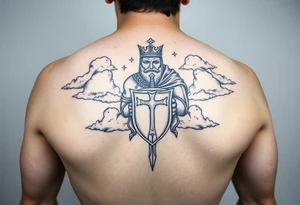 Half sleeve. King Alfred the great, sword, clouds, shield, cross tattoo idea
