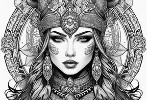 Viking, feminine warrior, mandala, bedroom eyes, headshot, closeup, full design, princess, round emblem, moon goddess tattoo idea