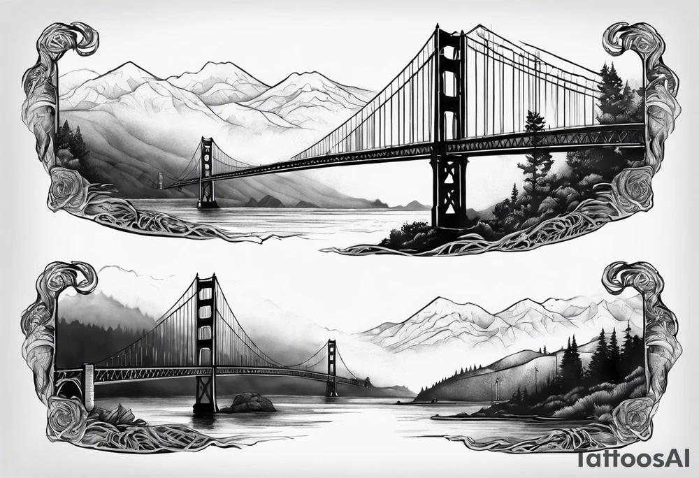 Goledn Gate Bridge with fog rolling in with Marin hills in the background tattoo idea