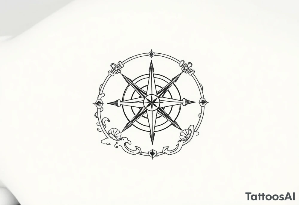 Tattoo sketch, black and white, clean line art. Central Vegvísir (Norse compass) symbol, surrounded by circular frame of stylized ocean waves, foam, shells and anchors. Balanced composition, fine line details, mythological marine theme. Minimalist but bold, stencil-style, designed for forearm tattoo. tattoo idea