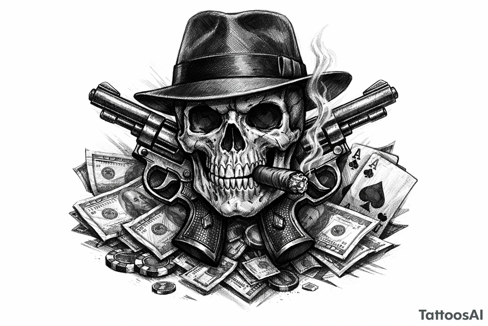A black and grey skull with a fedora, cigar, and crossed revolvers, with scattered money and cards. tattoo idea