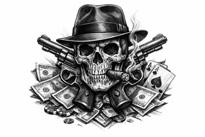 A black and grey skull with a fedora, cigar, and crossed revolvers, with scattered money and cards. tattoo idea
