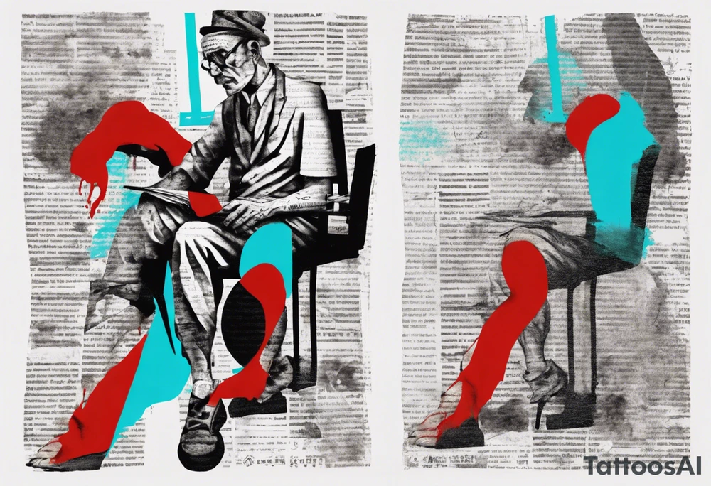 an art showing a newspaper on the leg and shoulder, old ritual, in the style of abstract portraits, textured pigment planes, red and cyan, stencil art, gothic romanticism, full white background <https://s.mj.run/gUiE1vI_8x0> tattoo idea