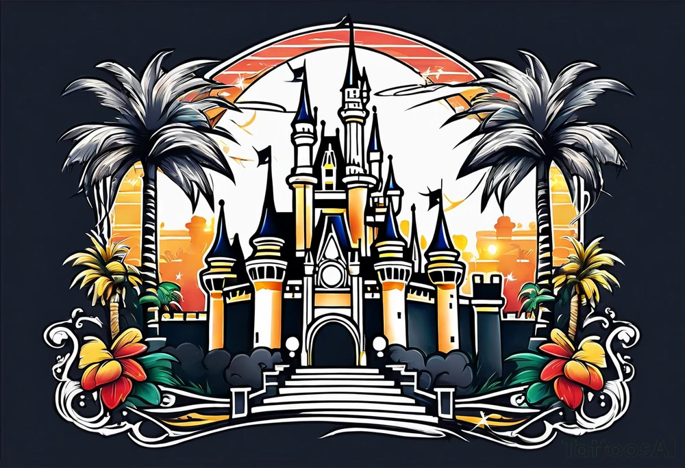 disney castle with a lightning storm palm trees and a mickey mouse tattoo idea