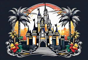 disney castle with a lightning storm palm trees and a mickey mouse tattoo idea
