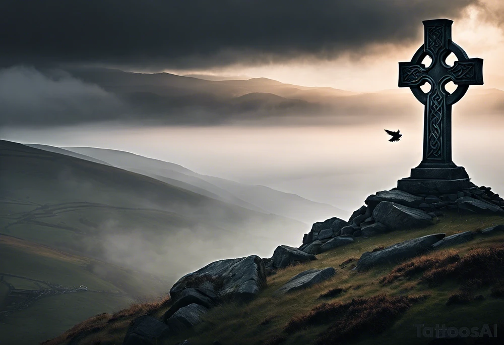 A stone Celtic cross solemnly standing atop a hill, a raven perches atop the cross staring out over the desolation. A ruined stone wall lies crumbling near the cross. Mist rolls along the hilltops adding to the melancholic nature of the scene tattoo idea