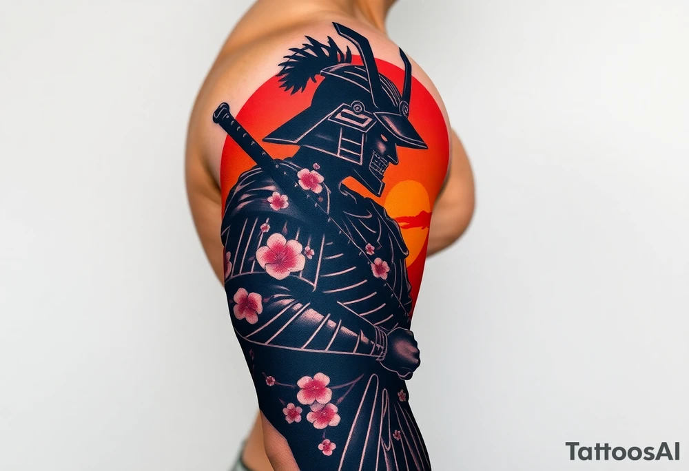 noble samurai warrior silhouette at sunset with cherry blossoms tattoo idea