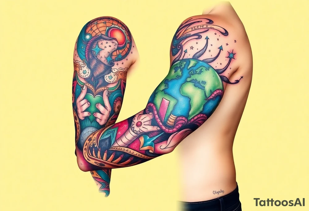 full left arm sleeve dedicated to my son with autism full color giving him the world tattoo idea