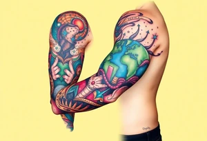 full left arm sleeve dedicated to my son with autism full color giving him the world tattoo idea