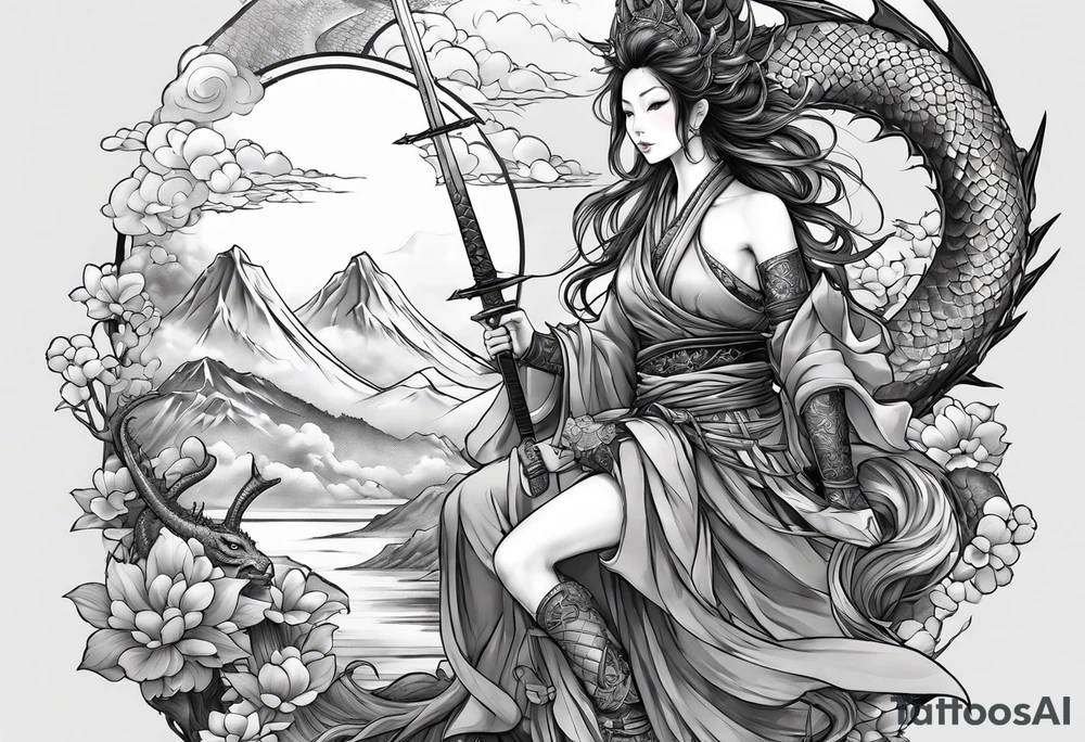warrior beautiful fairy nymph with a full body with a sword and a full dragon with a mountain with clouds and a Japanese building background tattoo idea