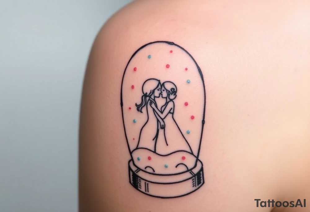 A tender kiss captured inside a glass snow globe, with soft pastel pink and light blue sparkles tattoo idea