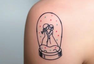 A tender kiss captured inside a glass snow globe, with soft pastel pink and light blue sparkles tattoo idea