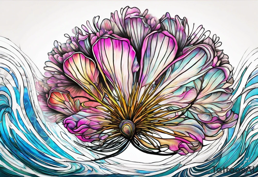 2 Albizia julibrissin blossoms floating with bivalve shells mixed in creating movement and representing cape may new jersey tattoo idea