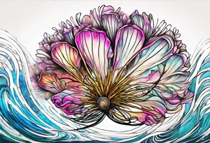 2 Albizia julibrissin blossoms floating with bivalve shells mixed in creating movement and representing cape may new jersey tattoo idea