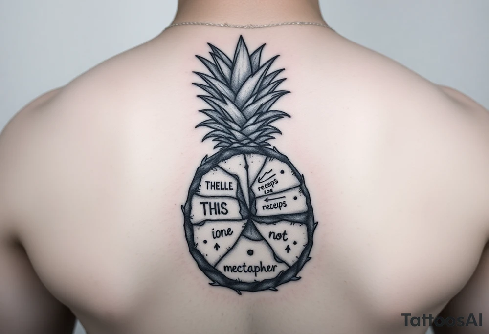 "Pineapple cross-section tattoo: slices are receipts with 'This is not a metaphor'. Black ink, surrealism." tattoo idea