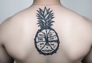 "Pineapple cross-section tattoo: slices are receipts with 'This is not a metaphor'. Black ink, surrealism." tattoo idea