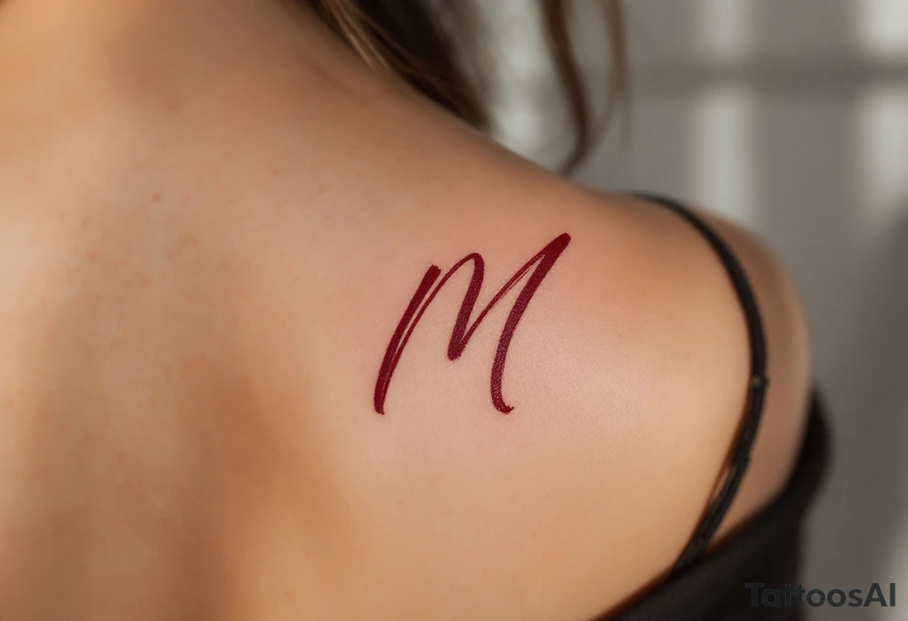 A brush-style "M" in burgundy red, looking bold and spontaneous. tattoo idea