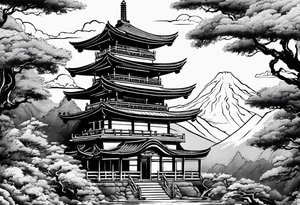 Japanese pagoda guarded by a japanese dragon, black and white colours tattoo idea