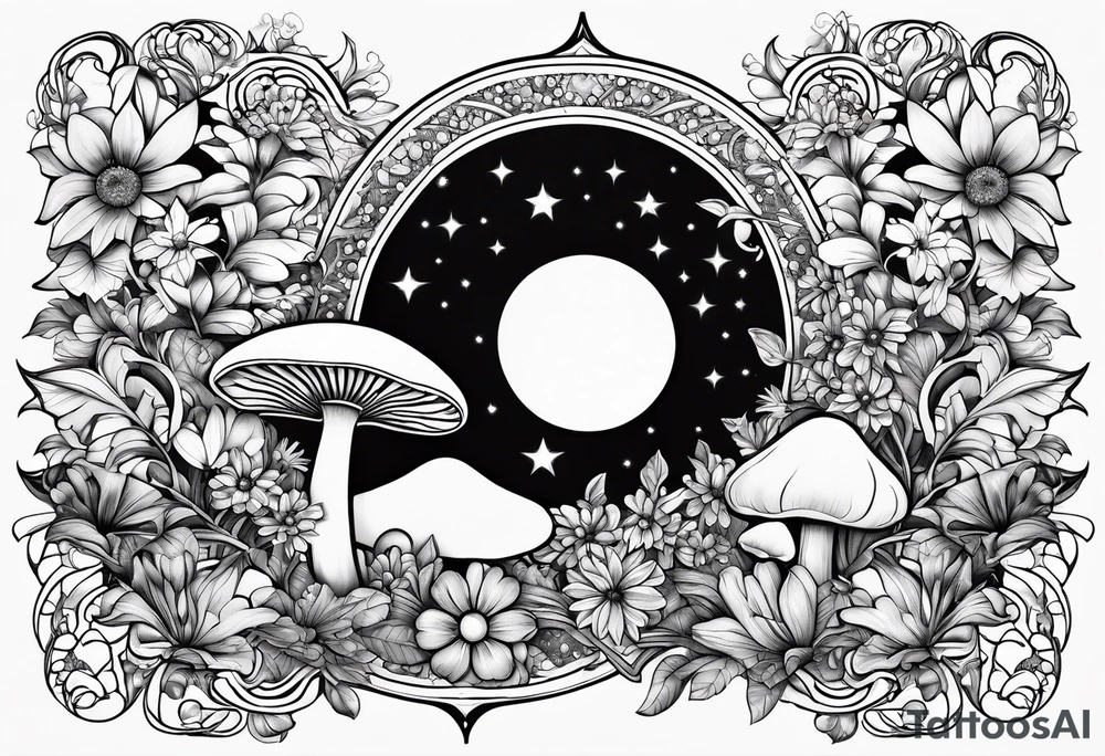 Crescent moon with daisy's, lily’s, crystals, and mushrooms tattoo idea