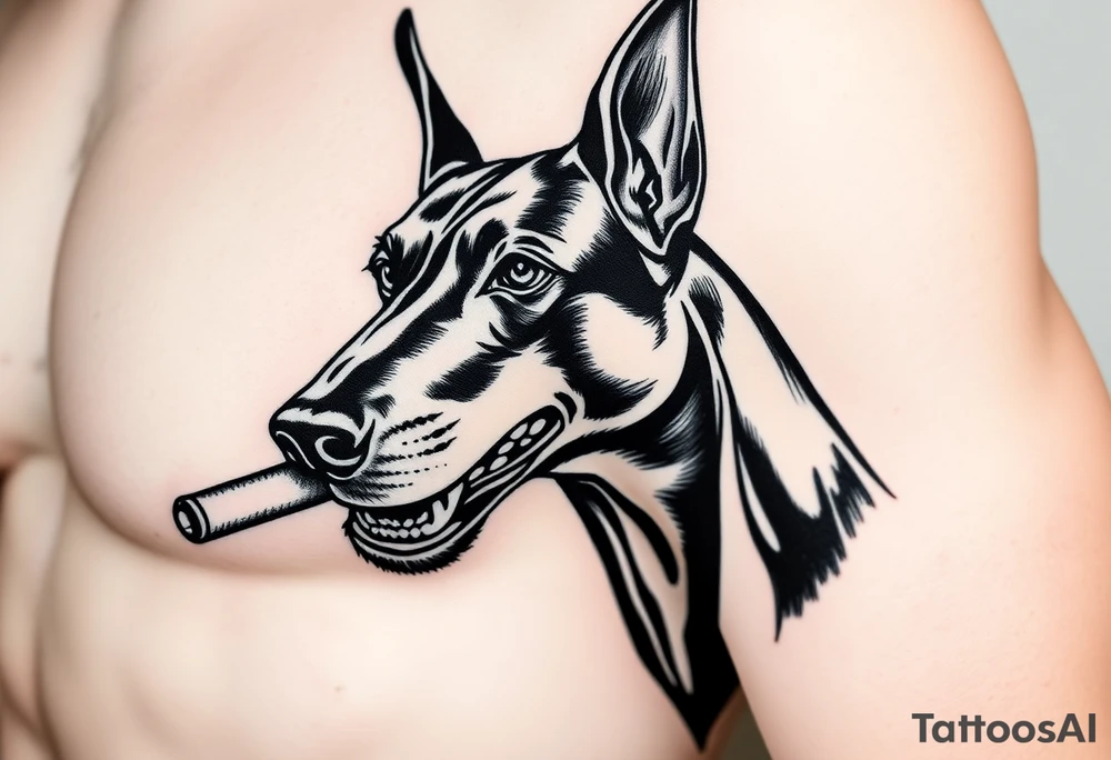 Doberman with a ciggaret in mouth with a gun tattoo idea