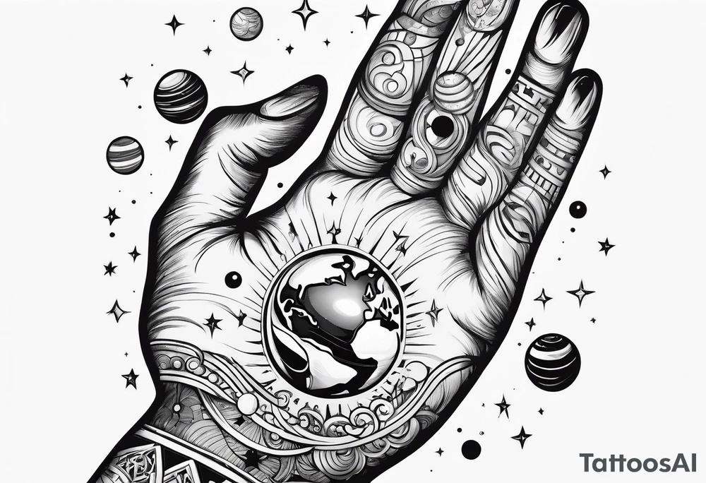 Human hand facing down with planets dangling from fingertips tattoo idea