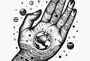 Human hand facing down with planets dangling from fingertips tattoo idea