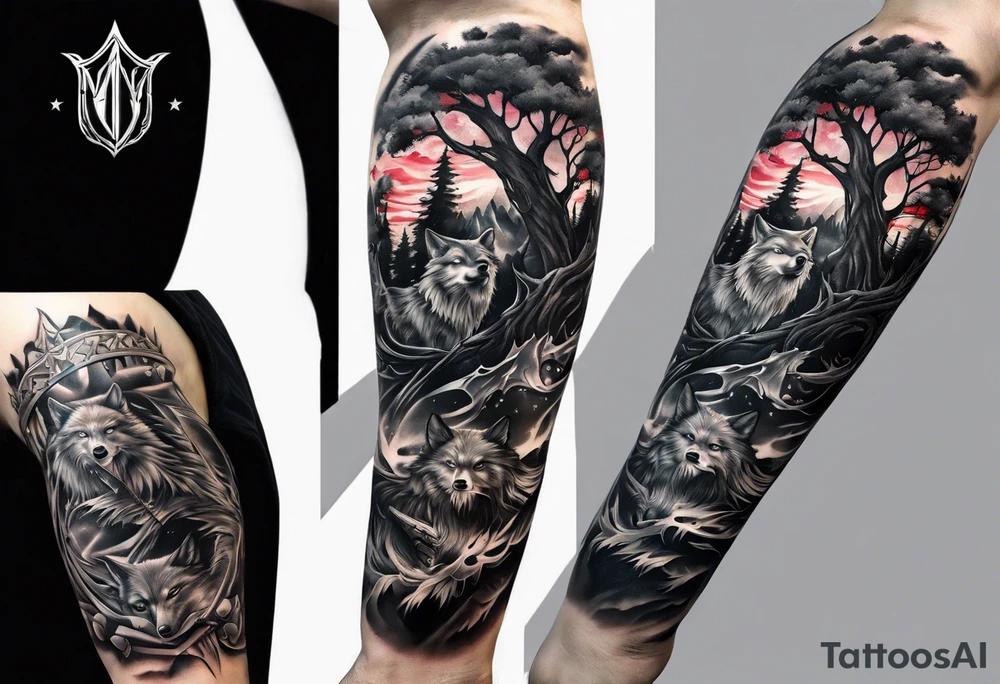 Create a vision of arm tattoo sleeve with combination of sword, crown, tree and three wolves to represent clients family roots tattoo idea