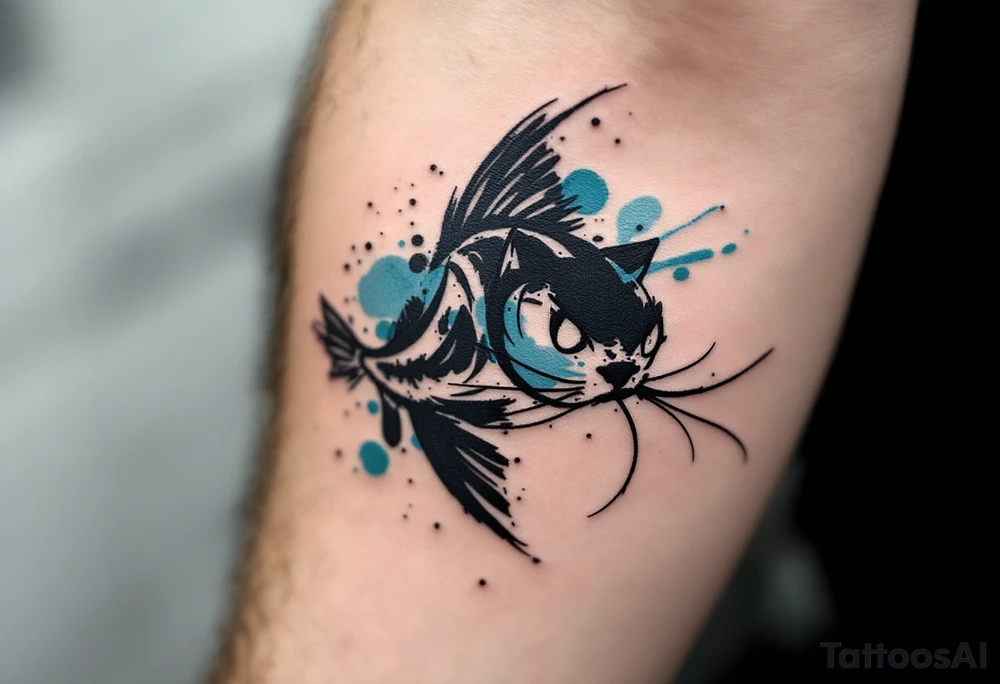 Abstract Catfish Tattoo – A stylized form with brushstroke-style black ink, splashes of turquoise and slate blue, and minimalist whiskers for a modern twist. tattoo idea