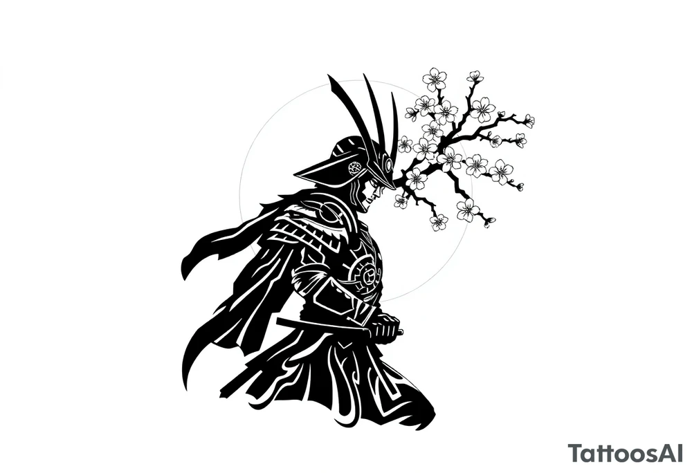 noble samurai warrior silhouette at sunset with cherry blossoms tattoo idea