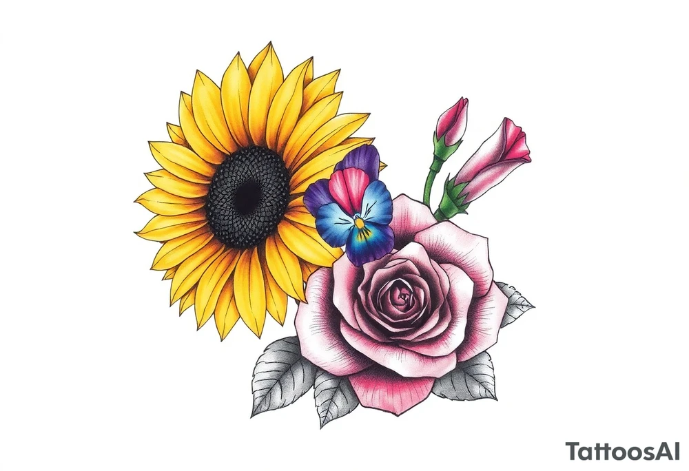 Sunflower, Violet and a Rose flowers tattoo idea