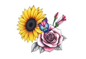 Sunflower, Violet and a Rose flowers tattoo idea
