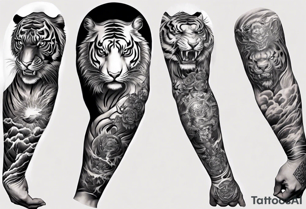 Tiger Warrior sleeve tattoo with lightning and the sun
Forearm sleeve tattoo idea