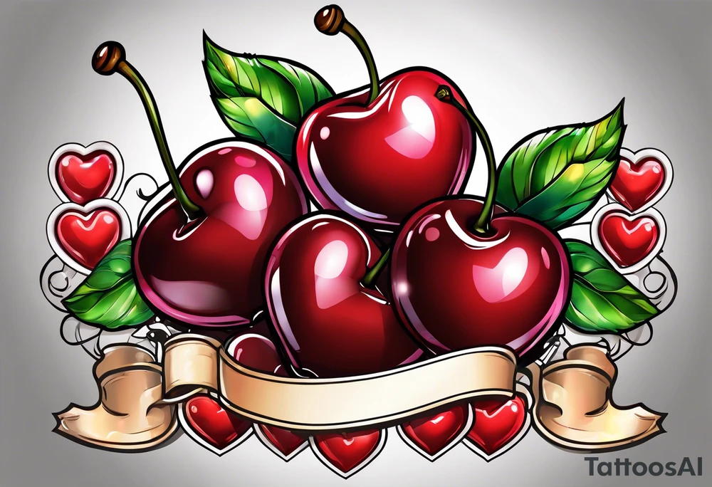 Cherries with ribbon and love heart candy tattoo idea