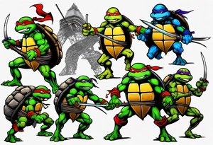 all four teenage mutant ninja turtles fighting enemies in a cityscape tattoo idea