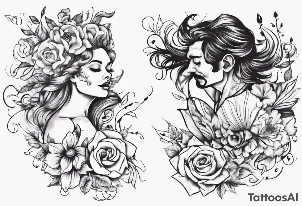 Dancing guy and girl into a flower tattoo idea