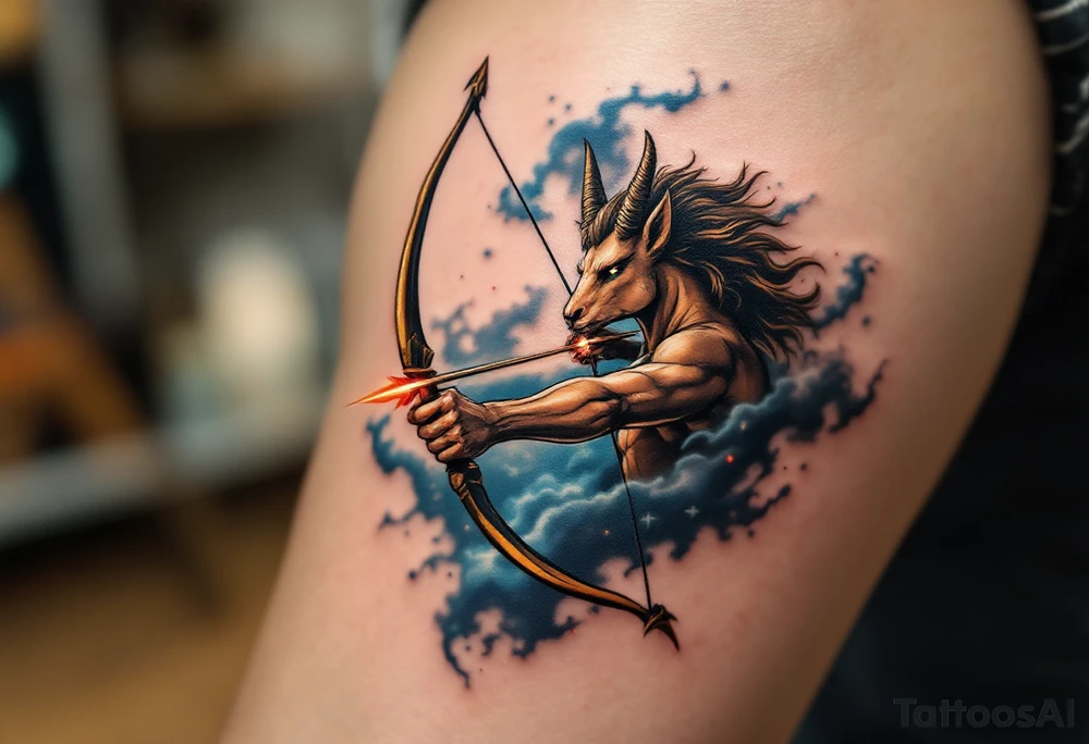 A dynamic tattoo of a centaur, the symbol of Sagittarius, with a golden bow pulled taut, ready to shoot. The centaur’s body is shaded in deep brown tones, and the arrowhead has a bright red-orange glow. The background has an ethereal blue mist that radiates outward, symbolizing Sagittarius’ free-spirited nature. tattoo idea