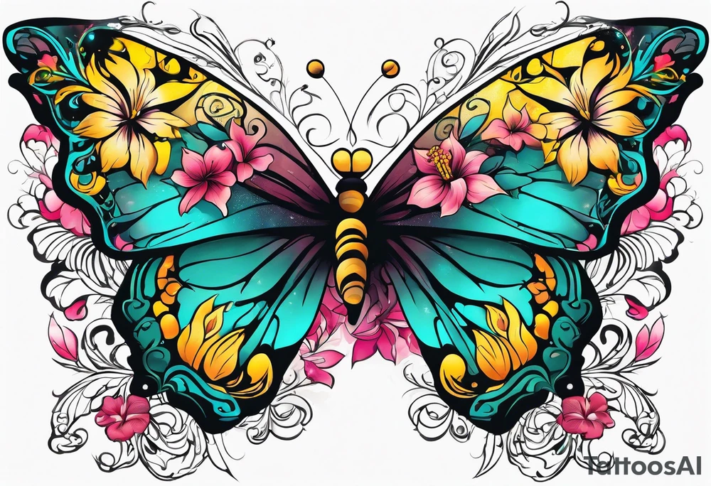 Half butterfly, half flowers, hibiscus, roses, yellow, teal, pink tattoo idea
