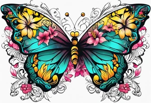 Half butterfly, half flowers, hibiscus, roses, yellow, teal, pink tattoo idea