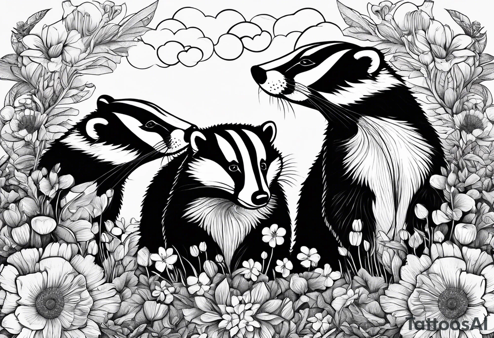 Trippy, pair of badger siblings in a field of flowers smoking a cigar tattoo idea