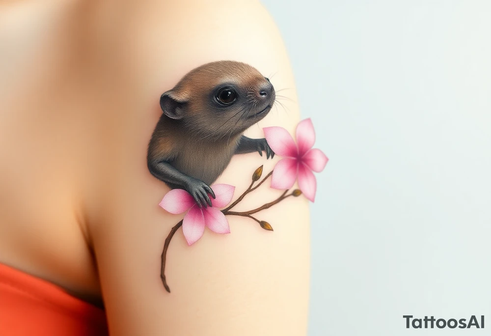 mole holding a delicate pink cherry blossom, with gentle pastel tones and a dreamy aesthetic tattoo idea