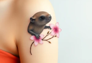 mole holding a delicate pink cherry blossom, with gentle pastel tones and a dreamy aesthetic tattoo idea